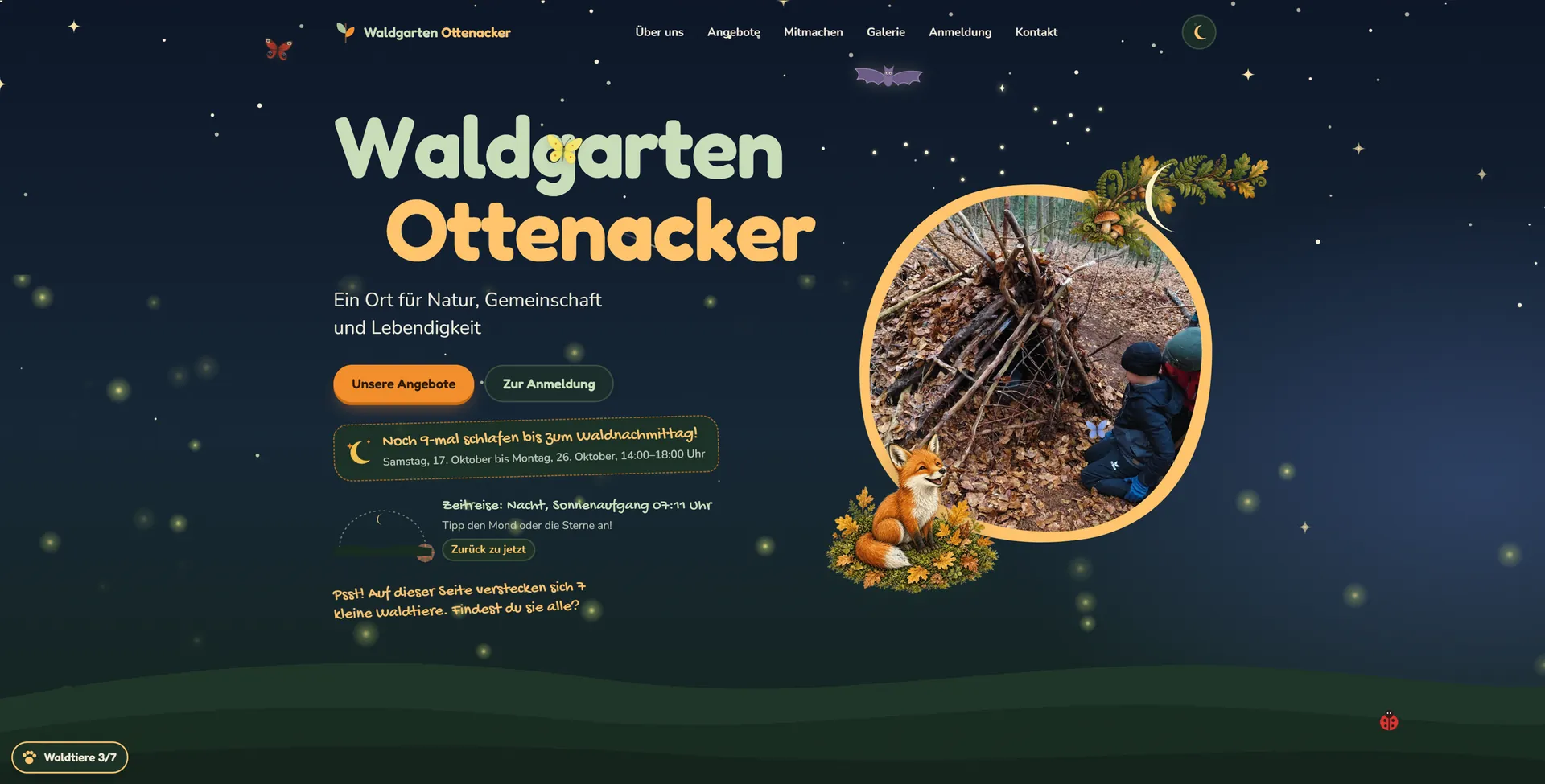 Waldgarten Ottenacker, Startseite bei Nacht